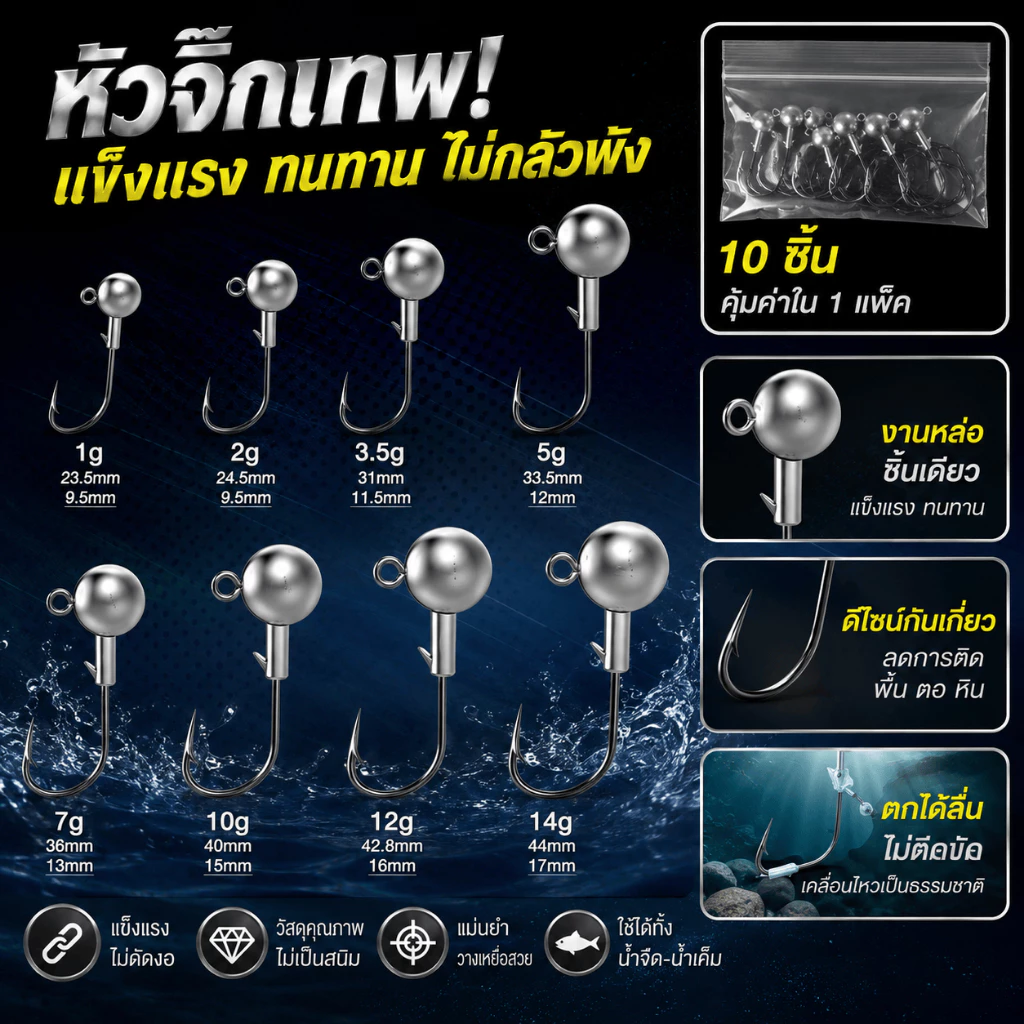 10PC ตะกั่วหัวจิ๊ก ตะกั่วห่วง เบ็ดเท็กซัส ขนาด 2.5g-7g มีหลายขนาด ตะกั่วเบ็ดหนอน ตะกั่วหนอนยาง เหมาะตกปลาลุย