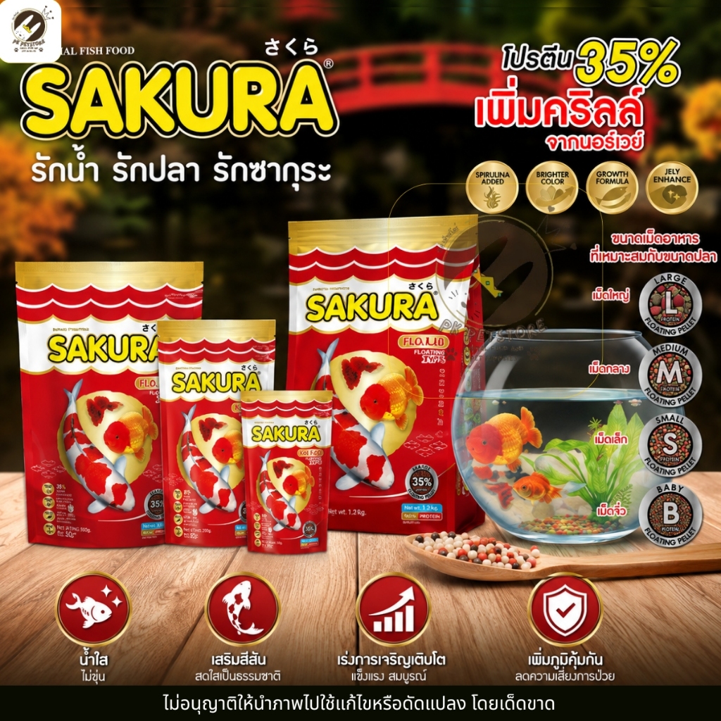 SAKURA อาหารปลาซากุระ โกลด์ SAKURA GOLD อาหารปลาทอง ปลาหางนกยูง และปลาทุกสายพันธุ์ มีให้เลือกหลายขนา