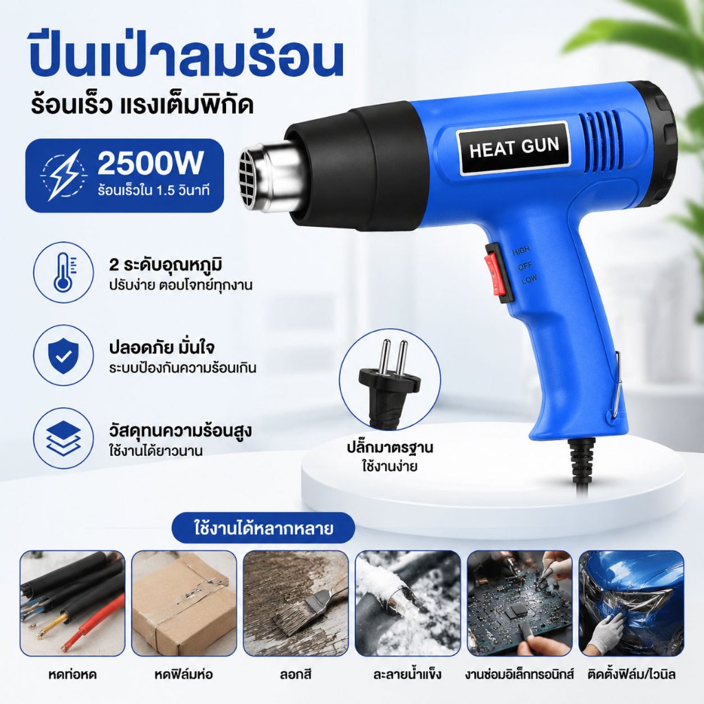 ปืนลมร้อน เป่าลมร้อน 2000W 220V อุณหภูมิสูง600°C พลาสติกอ่อนตัว ปืนความร้อน ฟิล์มหดบรรจุภัณฑ์ อเนกประสงค์