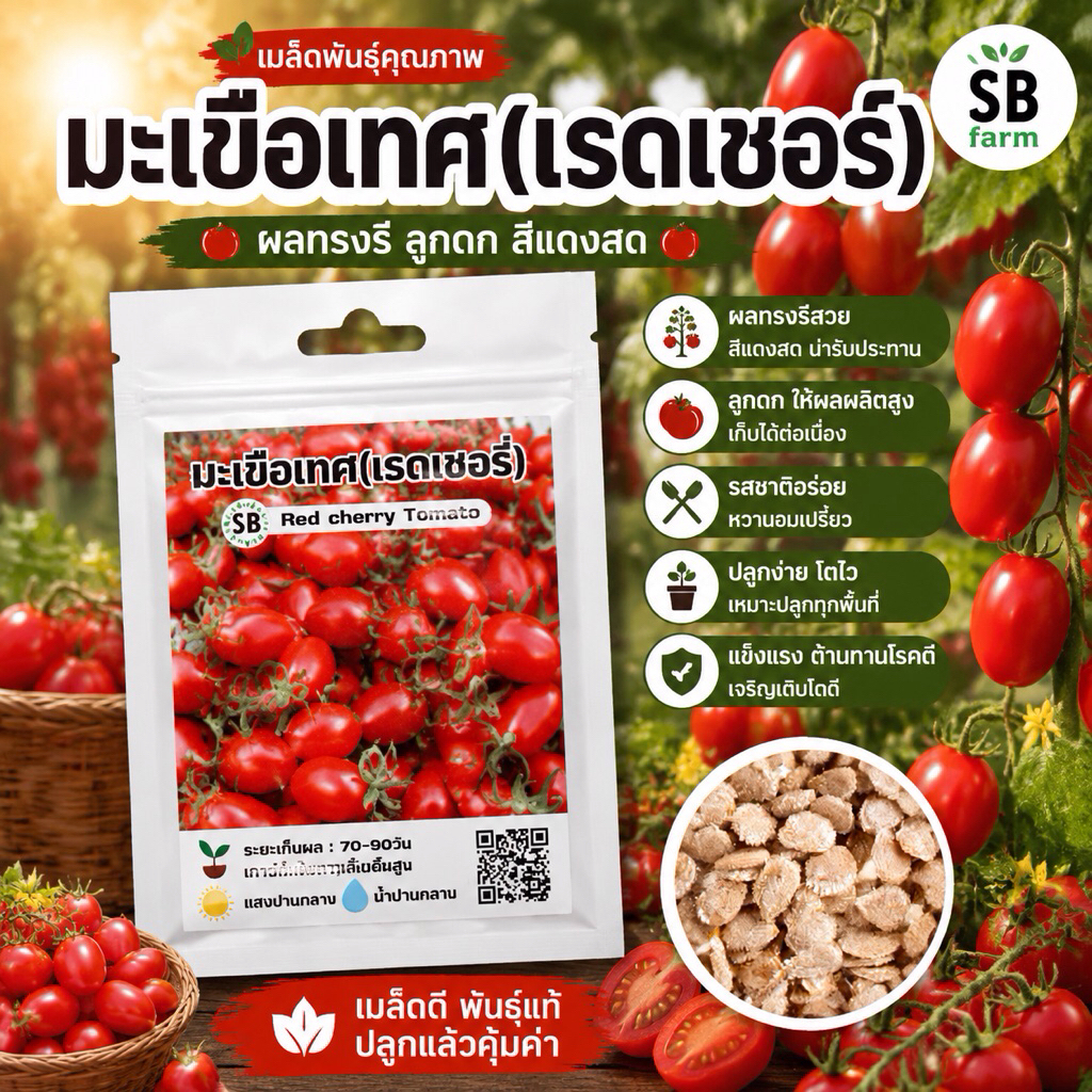 เมล็ดมะเขือเทศเรดเชอรี่(ทรงรี) - Red cherry Tomato [50 เมล็ด/ซอง]  // ผลทรงรี สีแดงสด ผลดกเยอะ