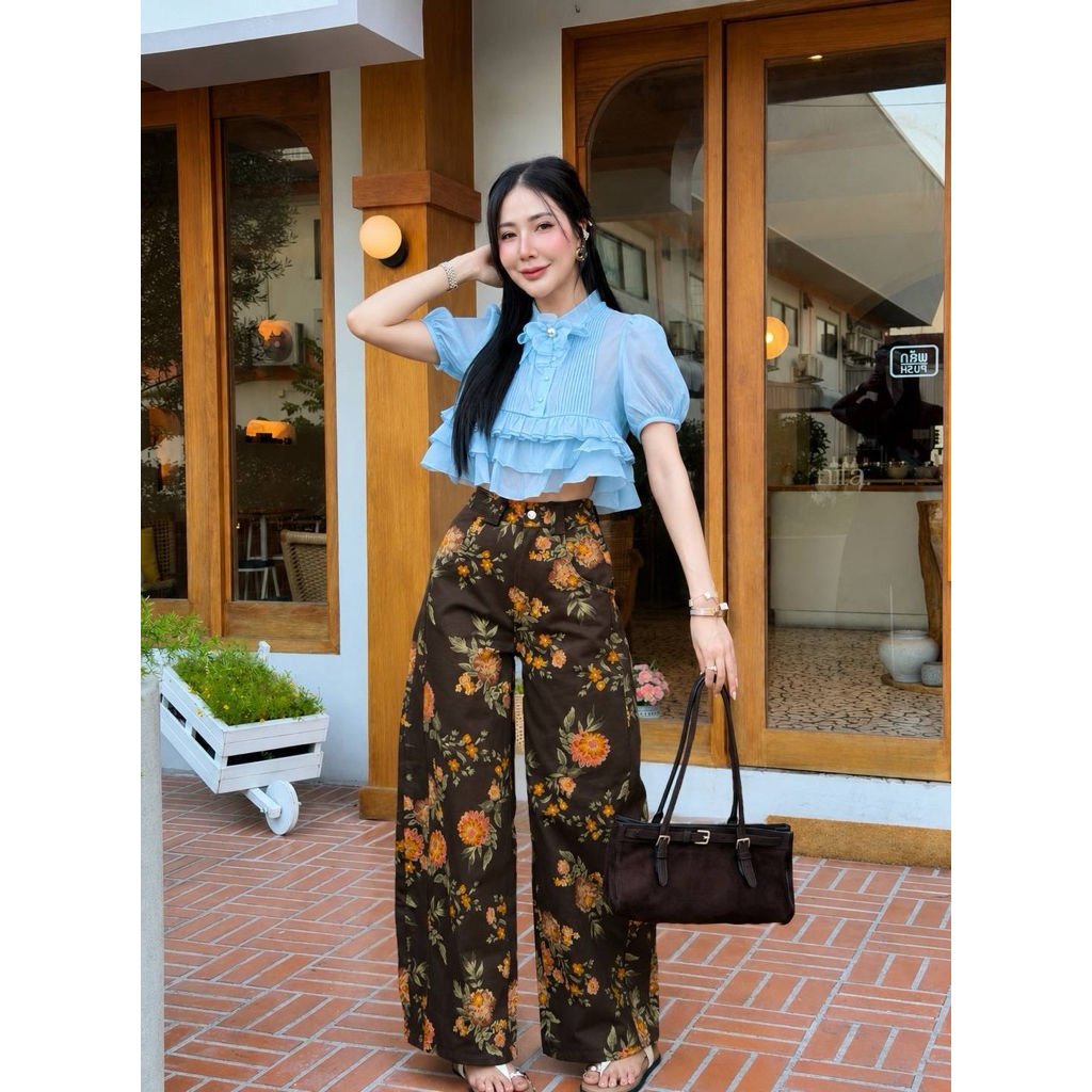 (.5 ข้าม เสื้อ18“ กางเกง40”) ชุดยีนส์ ชุดเซตกางขายาว เสื้อชั้นๆ สีฟ้า+กางเกงยีนส์ ลายดอก งานป้าย si-am