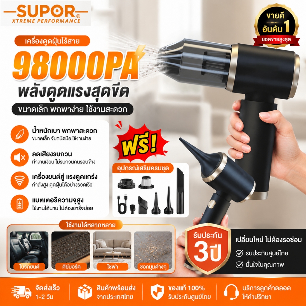【COD】เครื่องดูดฝุ่นในรถ แรงดูดสูง 9in1 ใช้ได้ทั้งรถและบ้าน ดูด/เป่า/ปั๊ม/พองลม ที่ดูดฝุ่นในรถ เครื่องดูดฝุ่น ไร้สาย สำห