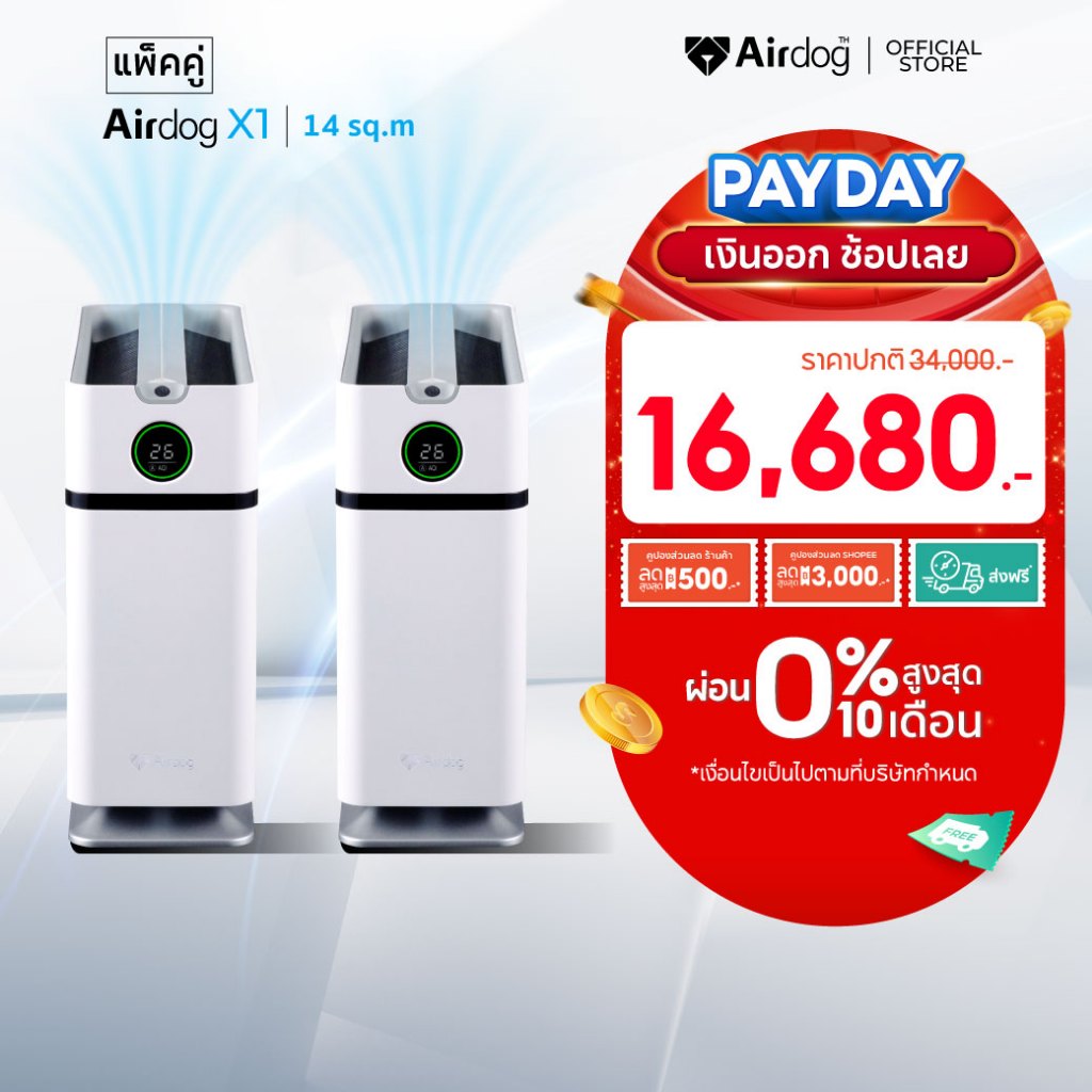 Airdog X1 เครื่องฟอกอากาศกรองฝุ่น pm2.5 ไวรัส กำจัดฟอร์มาลดีไฮด์ ฟอกกลิ่น พื้นที่ 14 ตร.ม (2 เครื่อง)