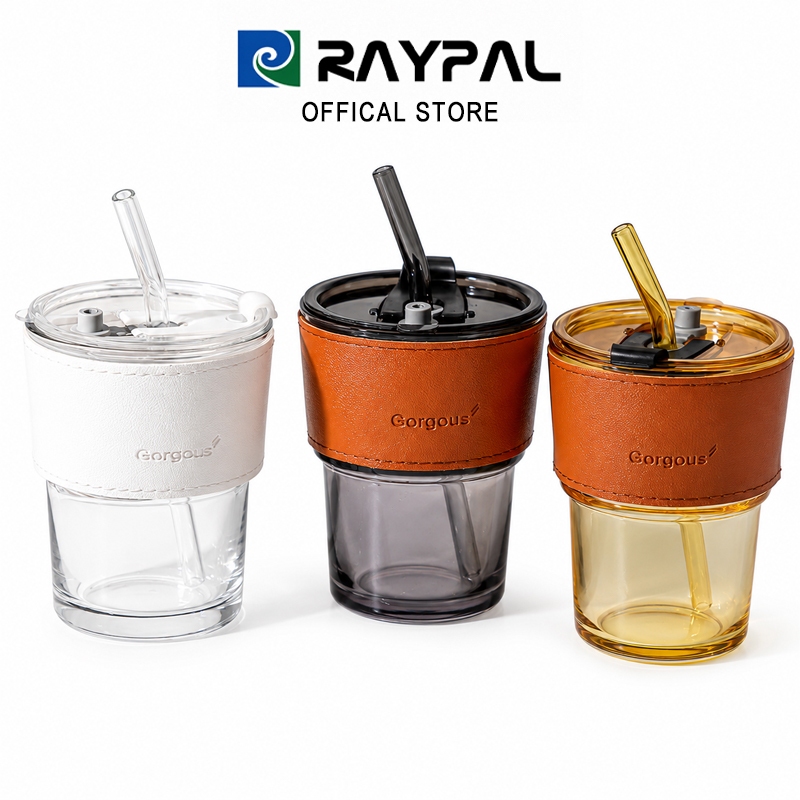 RAYPAL ถ้วยแก้ว แก้วใส่น้ำ 450ml แก้วกาแฟ สไตล์มินิมอล พร้อมหลอดแก้ว ฝาปิด ปลอกซิลิโคนกันร้อน