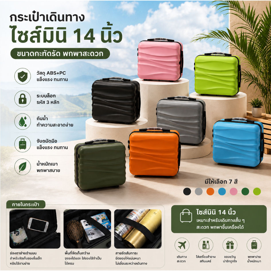 กระเป๋าเดินทางไซส์มินิ 14 นิ้ว ABS+PC น้ำหนักเบา พกพาสะดวก ขึ้นเครื่องได้ พร้อมรหัสล็อก 3 หลัก มี 7 สี