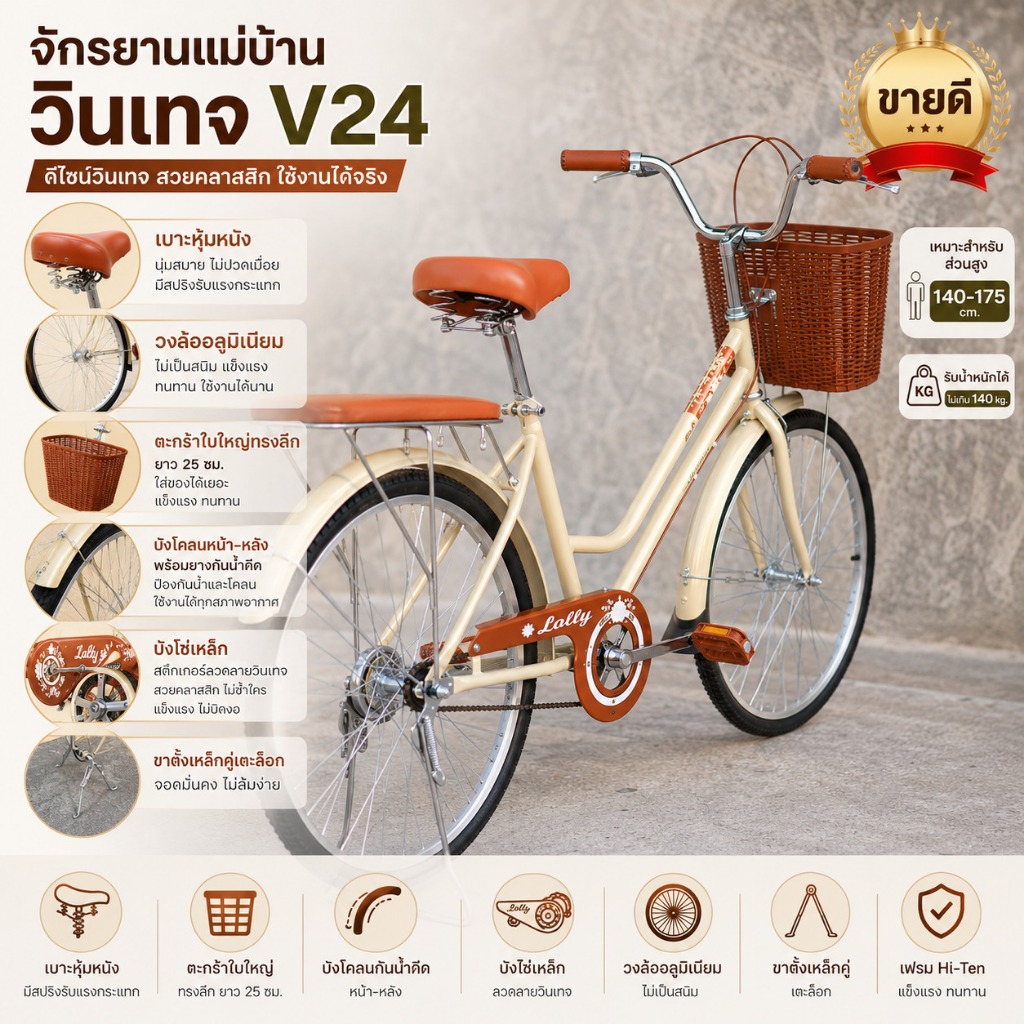 จักรยานแม่บ้าน จักรยานแม่บ้านวินเทจ V24 จักรยานแม่บ้านญี่ปุ่นจักรยานผู้ใหญ่ไปตลาด ตะกร้าหน้าใบใหญ่สีเมทัลลิคล้ออลูมินั่ม