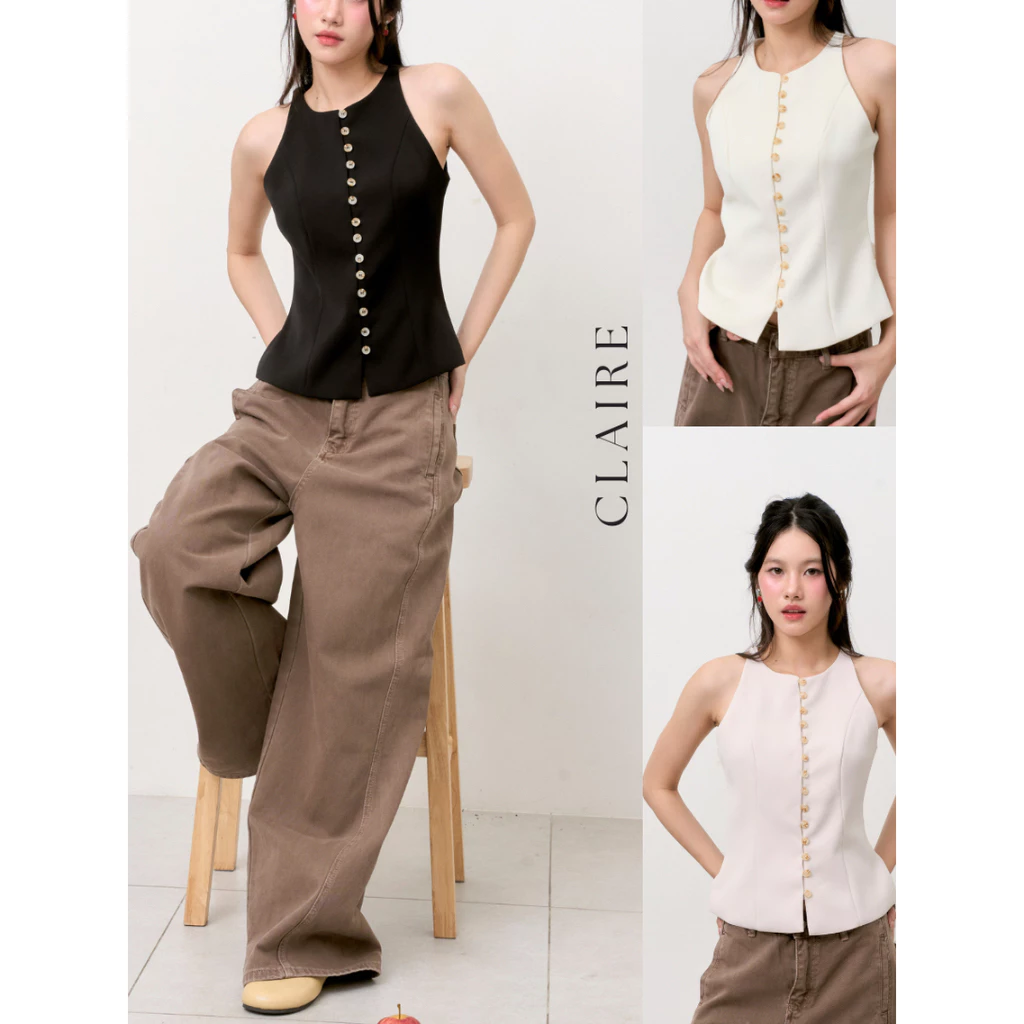 MOLLY TOP (เฉพาะเสื้อ) เสื้อแขนกุดทรงเข้ารูป ดีเทลกระดุมเรียงด้านหน้า