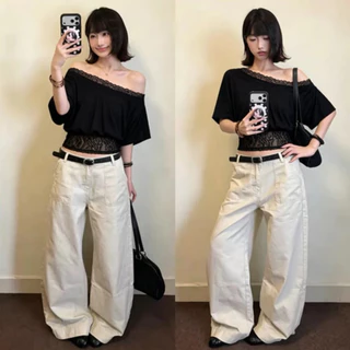 Rita พร้อมส่ง🍒เสื้อยืด ปาดไหล่ แต่งลูกไม้ แขนสั้น สไตล์เกาหลี แฟชั่นผู้หญิง เสื้อครอป เอวลอย เซ็กซี่ น่ารัก ฮิต