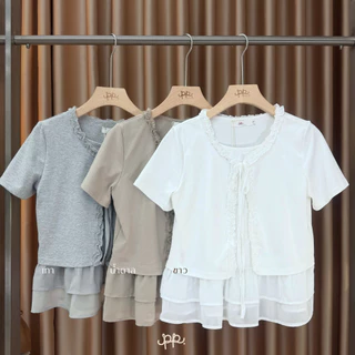 POI เสื้อยืดแต่งชายระบายชีฟองผูกโบว์ น่ารัก ผ้าเนื้อนิ่ม T013G7