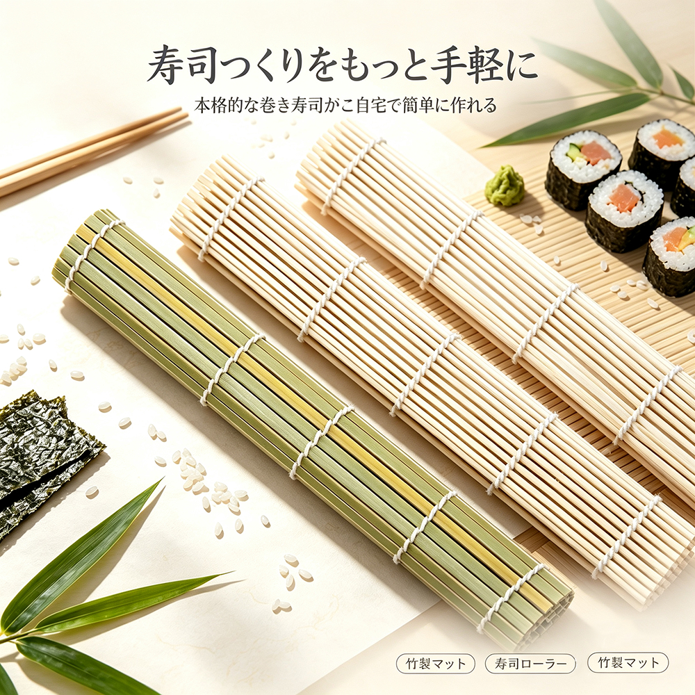 โรลม้วนซูชิไม้ไผ่ธรรมชาติ สองสีเขียวขาว อุปกรณ์ทำอาหารญี่ปุ่น สำหรับทำซูชิโรลที่บ้าน