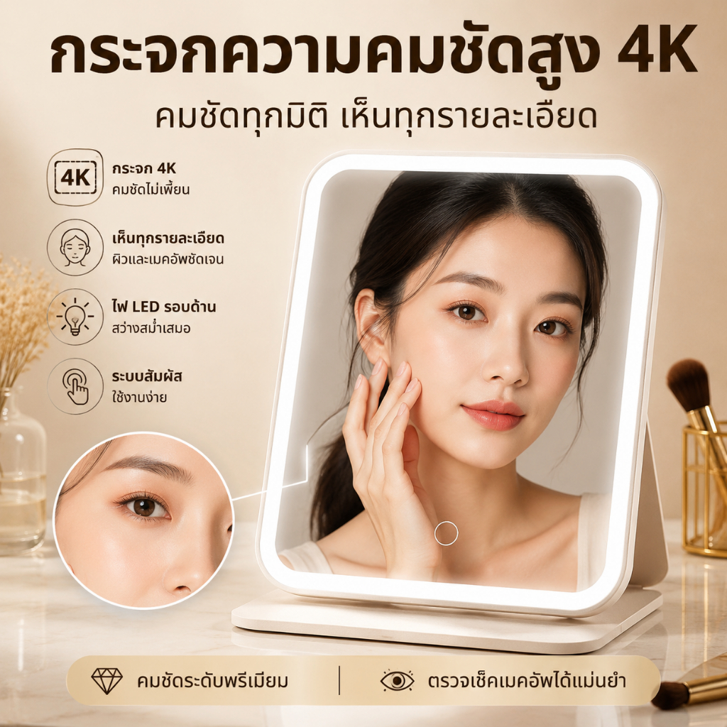 กระจกตั้งโต๊ะ ไฟ LED 3สี แบตเตอร์รี่ 2400mAh ระบบสัมผัส แบบพกพา ชาร์จไฟได้ กระจกแต่งหน้าพกพา กระจก
