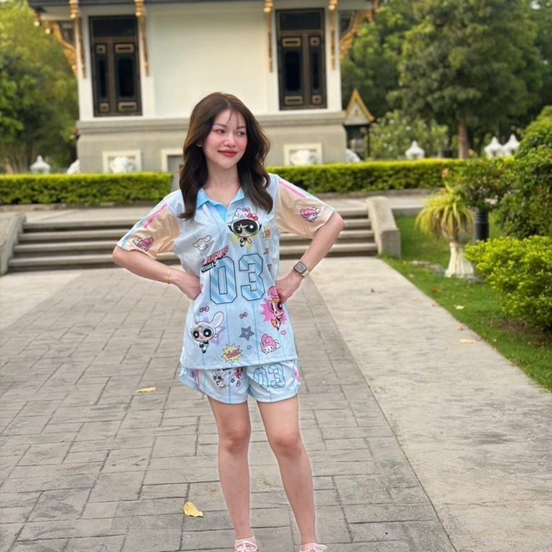 ( Nset143 ) ชุดเซท เสื้อ+กางเกง คอปก-คอวี พาวเวอร์พัฟ 3สี ผ้ากีฬา 2ไซส์