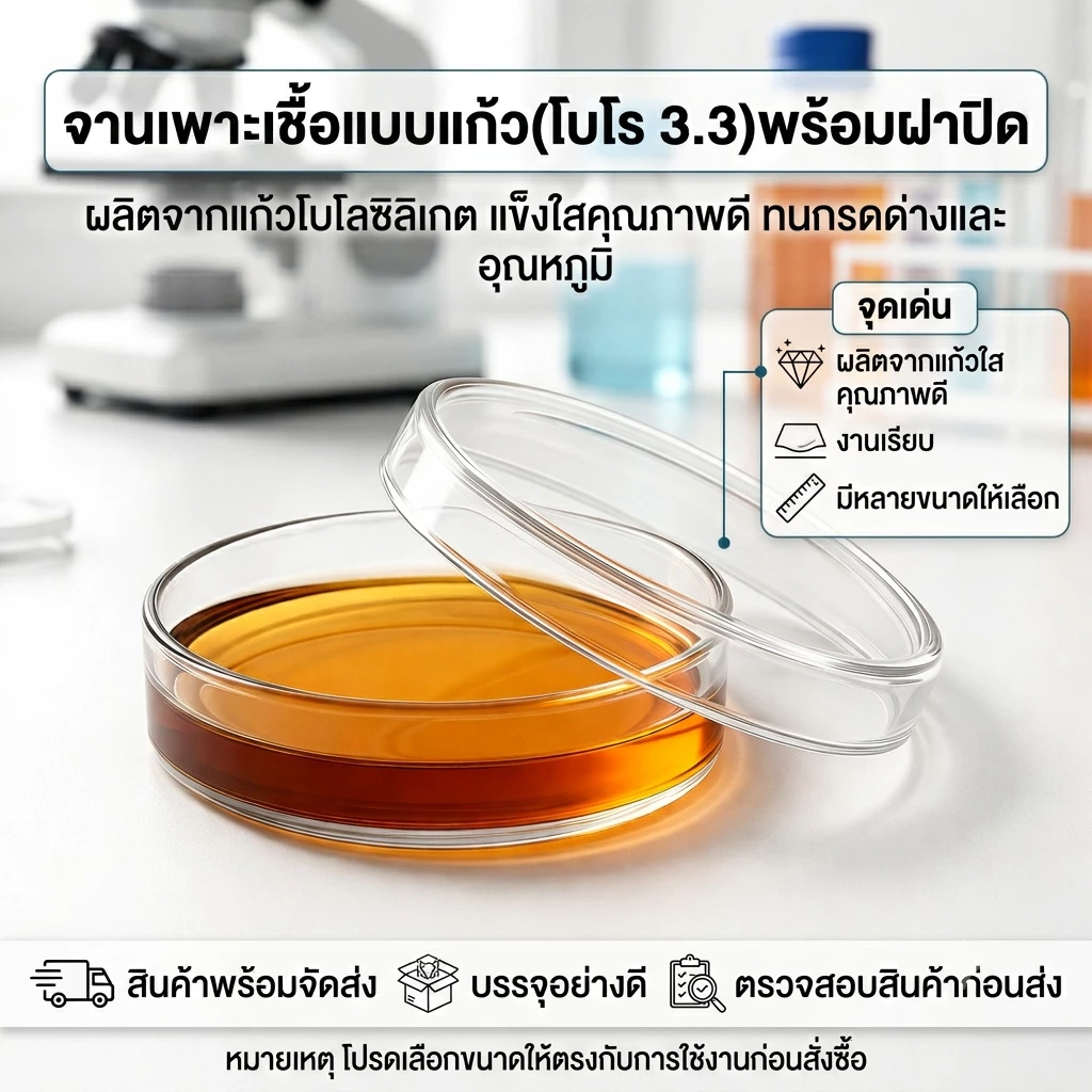 Triviwat จานเพาะเชื้อแบบแก้ว(โบโร 3.3)พร้อมฝาปิด plate(Petri Dish) ช่องเดียว ตัวเลือก 6cm,7.5cm,9cm,10cm,แท่งแก้วคนสาร6"