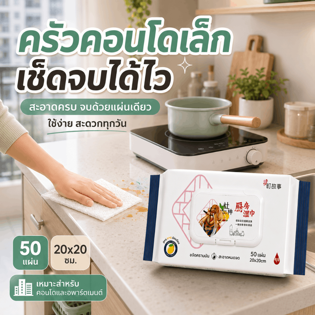 ผ้าเปียกทำความสะอาดครัวคอนโด 50 แผ่น เช็ดโต๊ะ เคาน์เตอร์ เตาไฟฟ้า ตู้เย็น ขนาด 20x20 ซม.