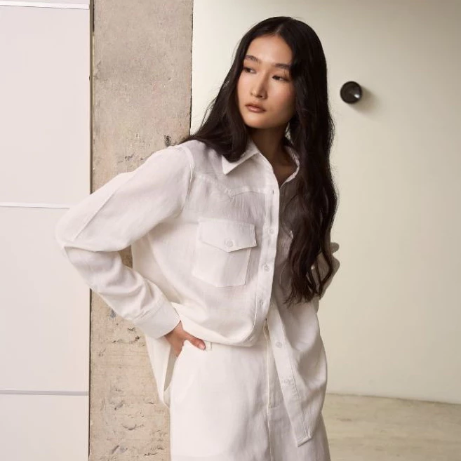 [ NEW IN ] SAC.BKK เสื้อเชิ้ตลินินผู้หญิง แขนยาวแต่งกระเป๋าคู่ Double Pocket Linen Shirt