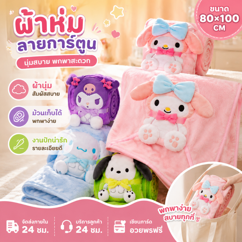 ผ้าห่มนอนกลางวันลายการ์ตูน โทนสีสดใส สัมผัสนุ่ม ขนาด 80×100cm สำหรับพักผ่อน