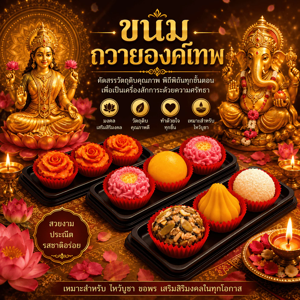 ลาดู โมทกะ และ อาลัว ถวายขอพรในโอกาสพิเศษ ถวายองค์พระพิฆเนศ องค์เทพ มี3ชุดให้เลือก