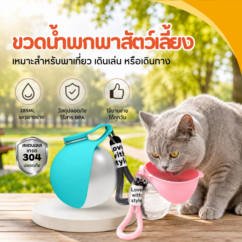 [ส่งไว] ขวดน้ำสัตว์เลี้ยงแบบพกพา รุ่นPWB20 พับเก็บได้ จุน้ำ285ml ทรงกลม ที่ให้น้ำสุนัขพกพา ไม่รั่วซึม