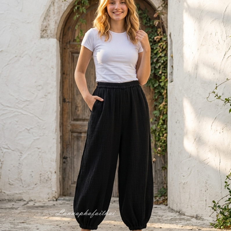 Lannaphafaithai กางเกงขายาวผู้หญิงผ้าฝ้ายฟอกนุ่ม ทรงฮาเร็ม เอวยางยืด Cotton Harem Pants