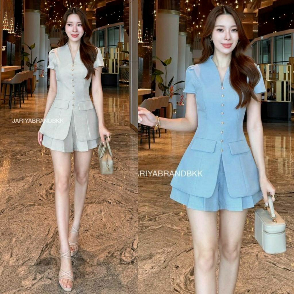 (S-XL) Jariya📣พร้อมส่งเซ็ท2ชิ้นเสื้อแขนสั้นคอวีแต่งกระเป๋า+กางเกงขาทรงพลีทเอวสูงมีซับใน เนื้อผ้าใส่สบาย ทรงสวยดูดี