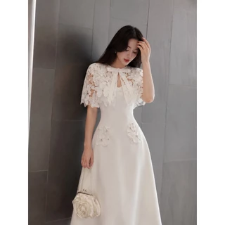 THE CLOSETA : LB649 ชุดเดรสทรงสวยผ้าสูท พร้อมเสื้อคลุมลูกไม้ และเข็มกลัดโบว์