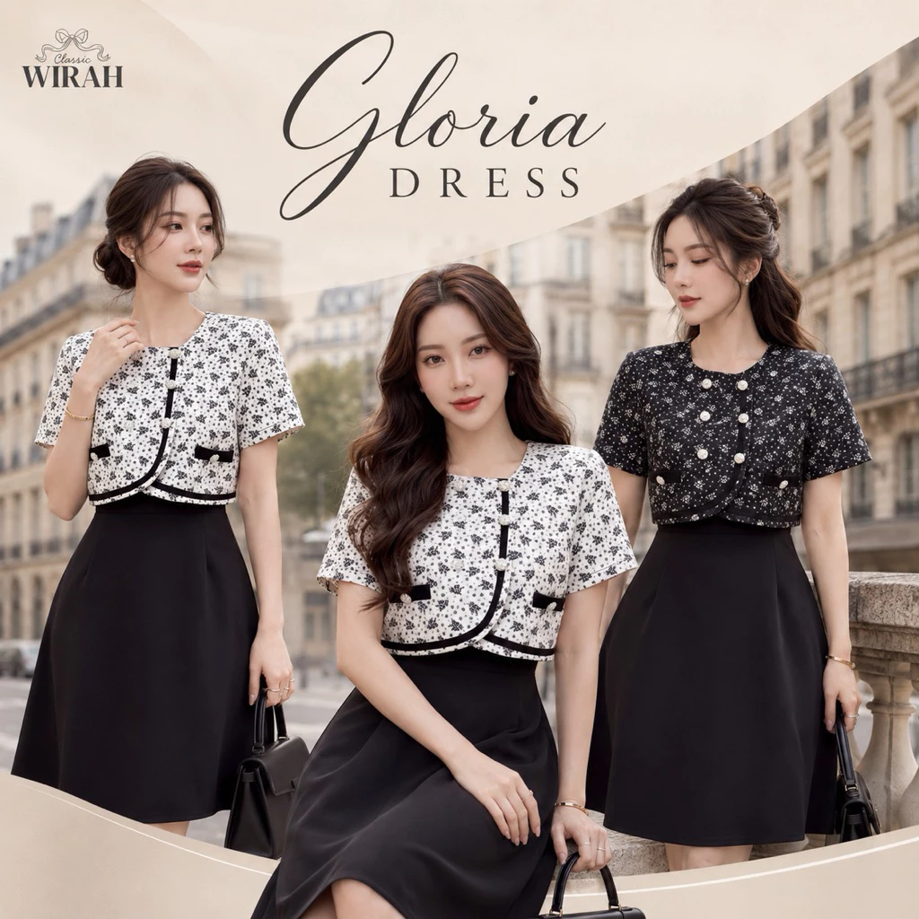 DW506 Gloria Dress ชุดเดรสสั้นละมุน ดีไซน์ช่วงบนเป็นเสื้อครอปแขนสั้นลายทางลงสลับลายดอกไม้เล็กๆ