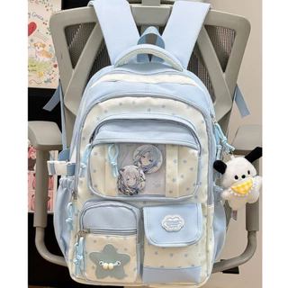 🎒กระเป๋าเป้สไตล์ญี่ปุ่นเกาหลี แถมตุ๊กตาโปชาโกะ กันน้ำ วินเทจ ใส่แล็ปท็อปได้ หลายช่องเก็บของ น่ารัก
