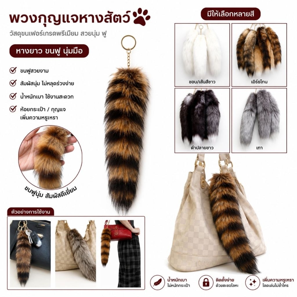 พร้อมส่งร้านไทย🇹🇭 พวงกุญแจหางจิ้งจอก และ แรคคูน🐺 ที่ห้อยกระเป๋า pimluck