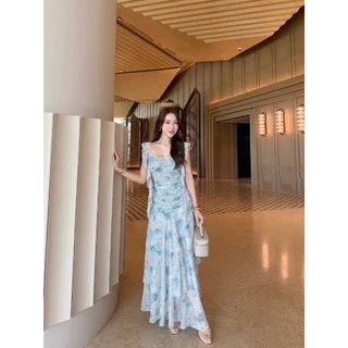 ชุดออกงาน ชุดเพื่อนเจ้าสาว koolykoolพร้อมส่ง(S-3XL) สายเกลียวรูดเอวระบายหน้าผ้าชีฟองลาย DJ01