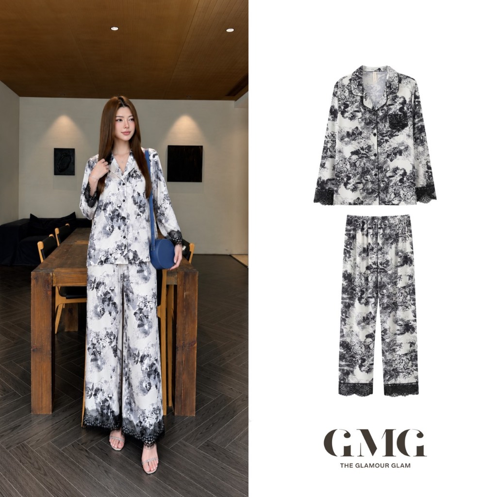 ชุดเซ็ท (เสื้อแขนยาว+กางเกง) สีขาวมุก ผ้า Silk Satin  แทรกดีเทลลูกไม้สีดำช่วงแขนและข้อมือ ( (Black Print White Satin)
