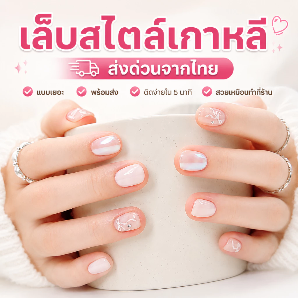 เล็บปลอมสวยๆ สไตล์เกาหลี เล็บปลอมน่ารักๆ Press on nails ใช้ซ้ำได้ ฟรีกาว 💢วัดไซส์ก่อนสั่ง M S XS