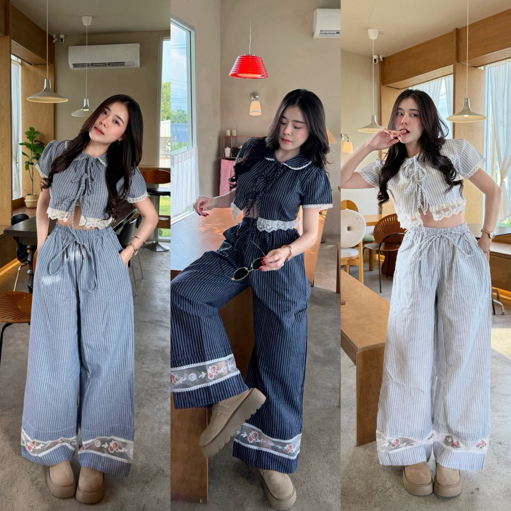 Blue tone เสื้อแขนตุ๊กตา กางเกงขายาวแต่งลูกไม้  รบกวนลูกค้าอ