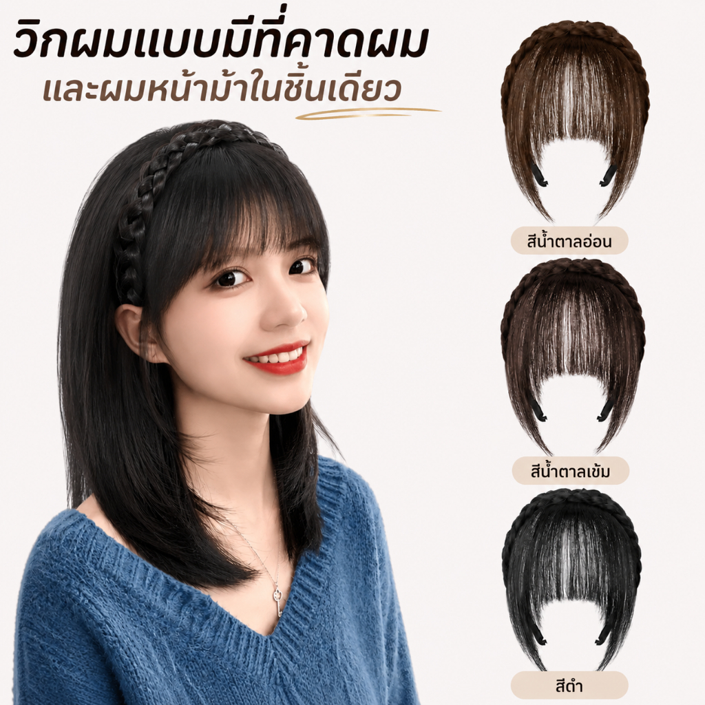 🔥ส่งตรงจากประเทศไทย🔥 วิกผมแบบมีที่คาดผมและผมหน้าม้าในตัว ช่วยปกปิดผมบางได้อย่างดีเยี่ยม ที่คาดผมถักทอ ผมหน้าม้าเข้ากับรู