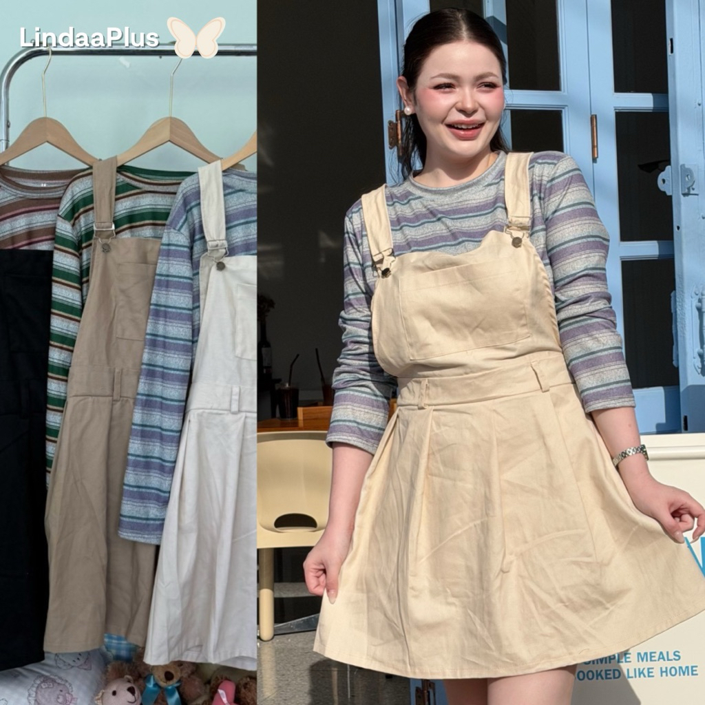 LindaaPlus-- ชุดเซ็ต 2 ชิ้น เสื้อแขนยาวริ้ว+เอี้ยมกระโปรง เสื้อผ้ายืดริ้วใส่สบาย มาพร้อมเอี๊ยมกระโปรงยีนส์