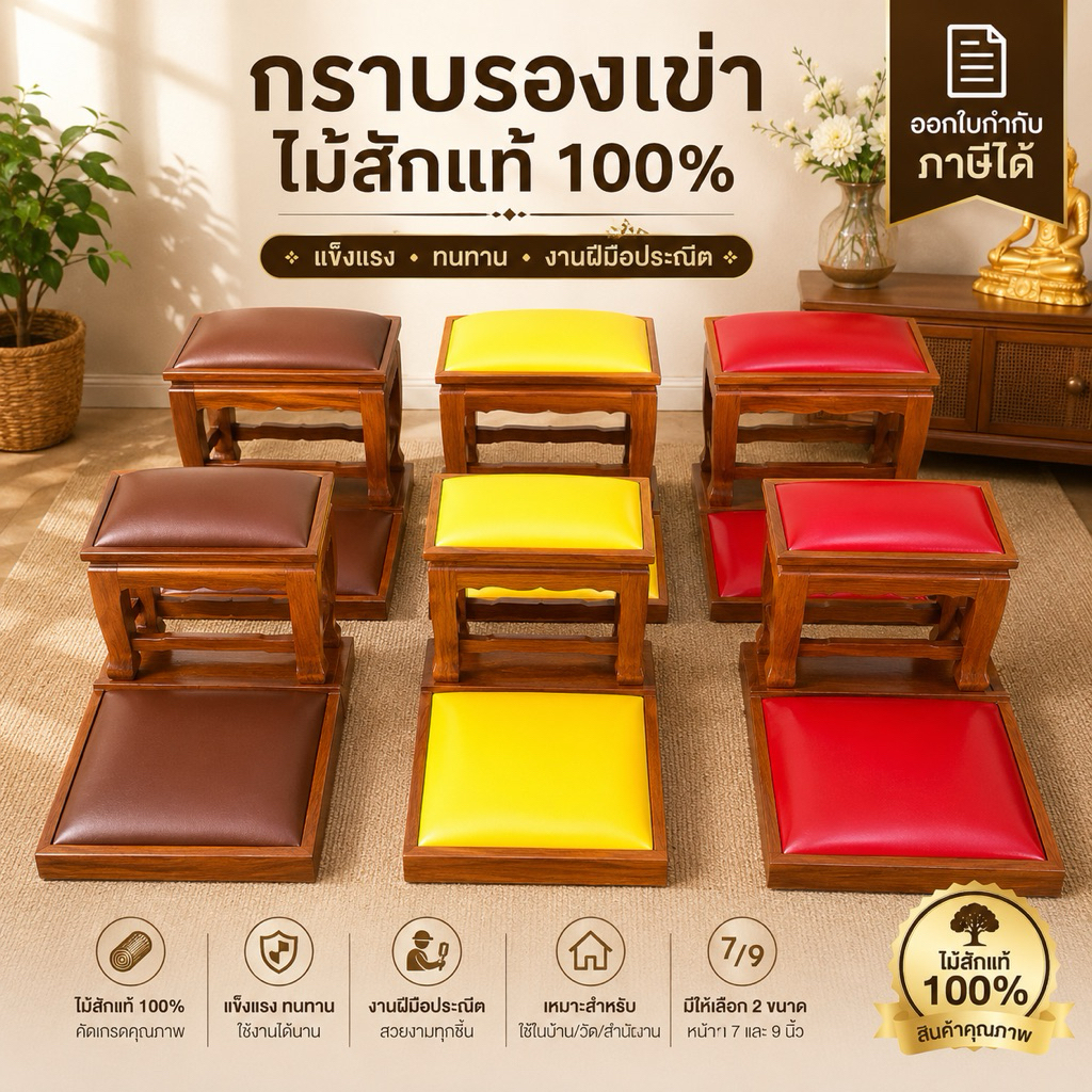โต๊ะกราบรองเข่าไม้สักแท้ / โต๊ะกราบพระ / แท่นรองเข่า ออกใบกำกับภาษีได้