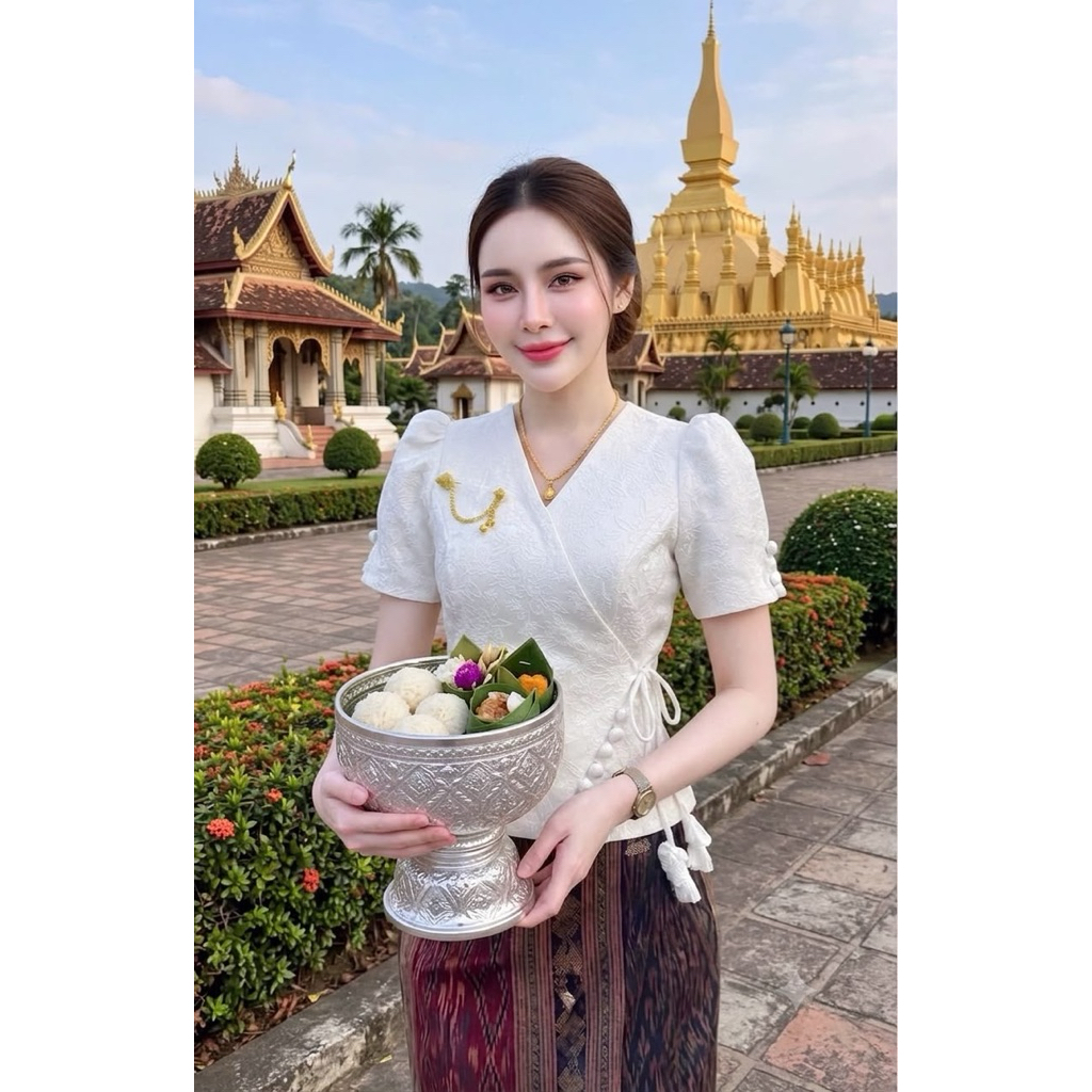 เสื้อไหมลาว เนื้อผ้าฝ้ายแท้ ใส่สะบาย อัดกาวทุกตัว(ได้แต่เสื้อ)