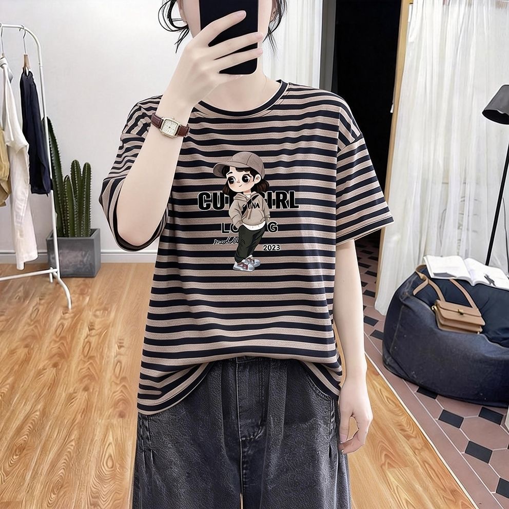 เสื้อยืดแขนสั้นลายทางสีสันสดใสสไตล์เกาหลีสุดเก๋และดูดีมีระดับสำหรับผู้หญิง สไตล์ใหม่รับซัมเมอร์ ลายการ์ตูนอินเทรนด์ เรีย