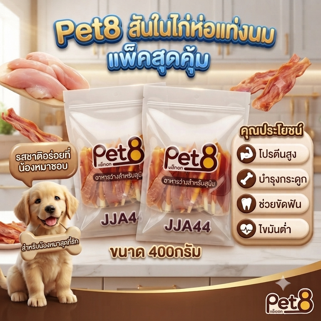 PET8 สันในไก่ห่อครันชี่แข็ง 5 นิ้ว400gx2 ห่อ ขนมสุนัข แทะสนุกเพลิดเพลิน อร่อย ซื้อคู่ คุ้มค่า