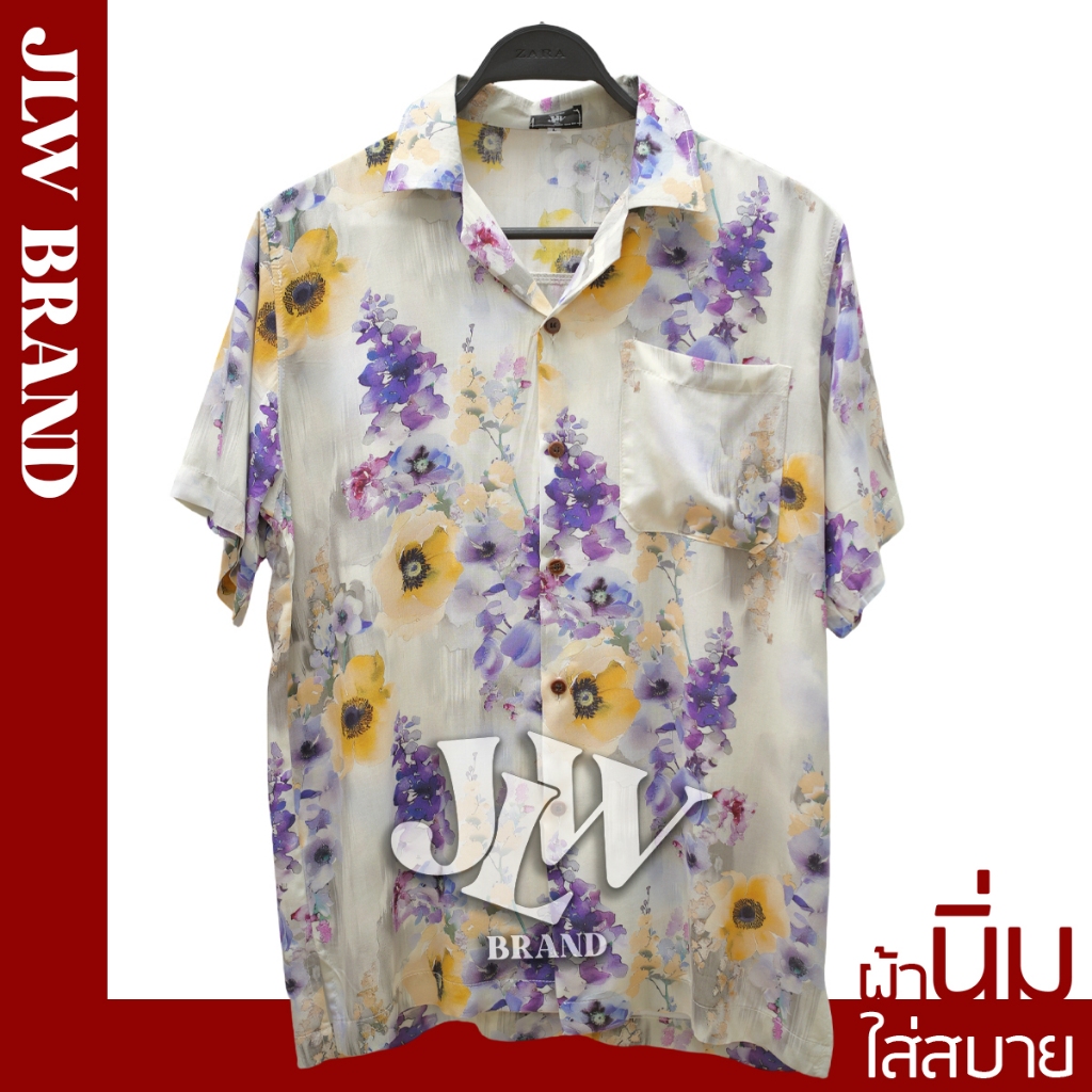 เสื้อฮาวาย ลายดอกป๊อปปี้ ผ้านิ่ม M L XL Oversize คอฮาวาย JLW BRAND
