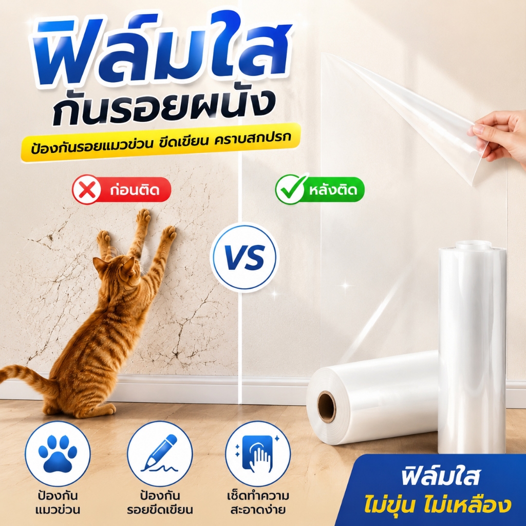 สติ๊กเกอร์กันน้ำมัน PVC ฟิล์มติดผนังห้องครัว ใส กันน้ำ ทนความร้อน ป้องกันคราบน้ำมัน ติดกระเบื้อง กระจก ลอกออกง่าย