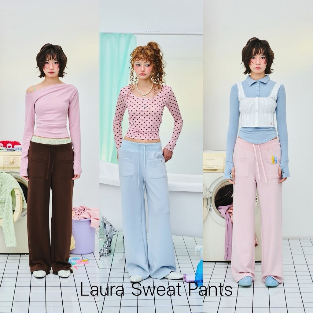 AMUSE BKK - Laura Sweat Pants กางเกงขายาวทรงทรงกระบอกตรง เอวกลางถึงเอวต่ำ ขอบเอวกว้าง ดีไซน์สปอร์ต ลุคคลีนๆ ผ้าใส่สบาย