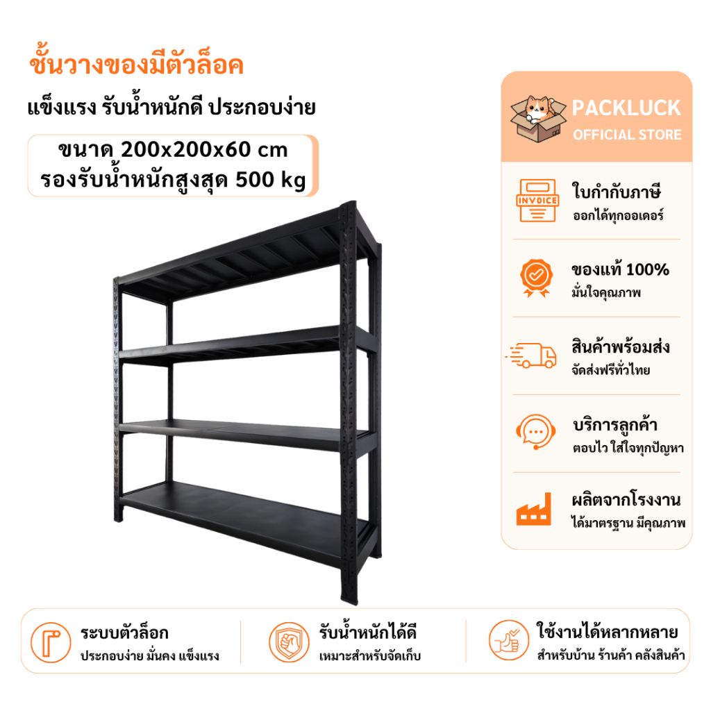 packluck【แบบใหม่】 ชั้นวางของ 4ชั้น เหล็ก 200cm*200cm*60cm วางสินค้าวางของในครัว ใช้โกดัง warehouse s