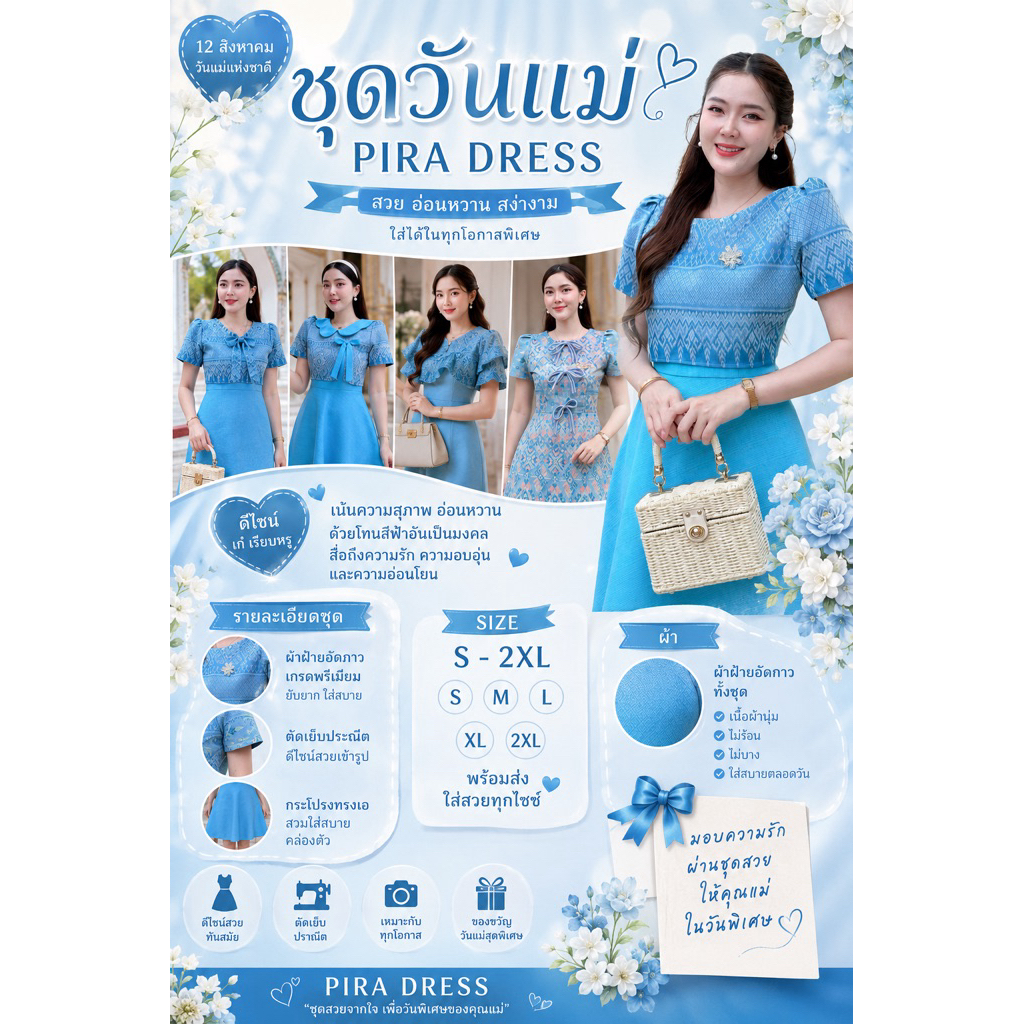PIRA DRESS เดรสสีฟ้า วันแม่ งานผ้าฝ้ายอัดกาวทั้งชุด