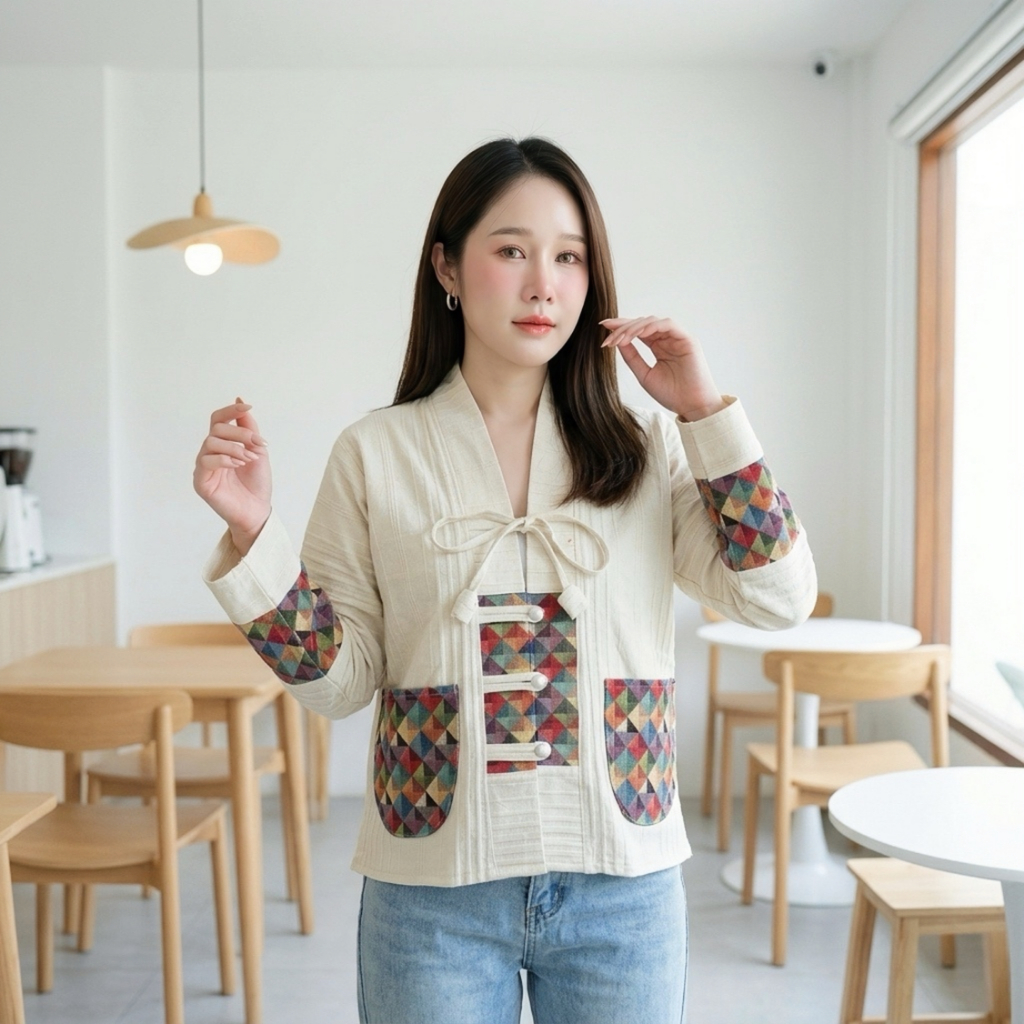 เสื้อผ้าฝ้ายด๊อบบี้ ผูกโบว์ดอกทิวลิป แต่งเทปกระดุมเงิน มีกระเป๋า 2 ข้าง ลายเส้นมีลักษณะนูน มีเทคเจอร์ในตัว
