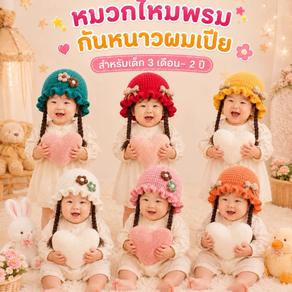 หมวกไหมพรมกันหนาวผมเปีย สำหรับเด็กผู้หญิง ผ้านุ่มมาก อายุ แรกเกิด - 2 ปี รอบศรีษะประมาณ 32 - 46 CM
