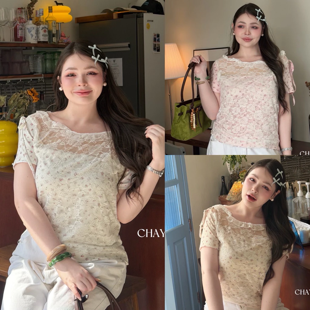 /LD/ เสื้อเลเยอร์สุดคิ้วท์ มีไซส์อก38-52 ด้านในผ้าร่องยืดลายดอก ด้านนอกลูกไม้ยืด นารักหวานๆ #สาวอวบอ้วน พลัสไซส์