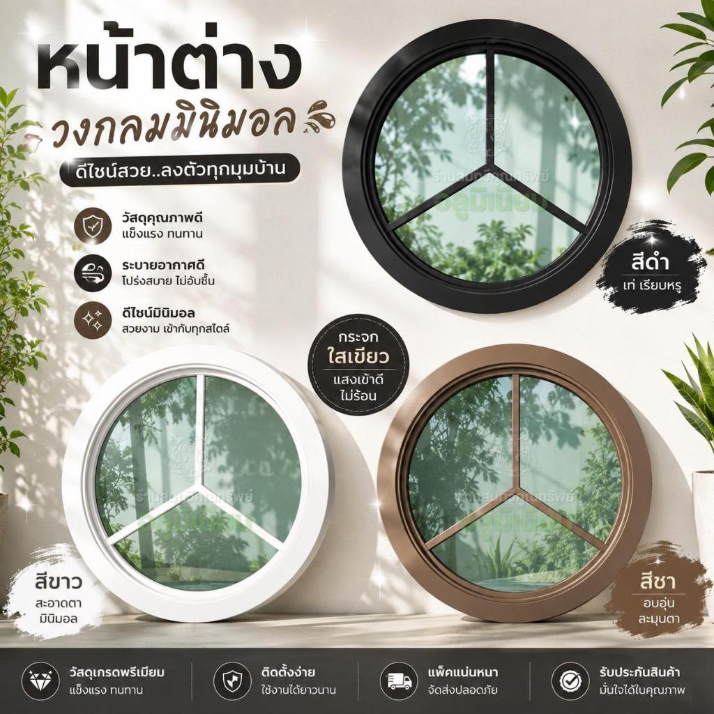 หน้าต่างวงกลม ขนาด 70-150 ซม. ลายเบนซ์ , (กระจก 3 ช่อง) วงกลมอลูมิเนียม พลีออเดอร์รอผลิต 2-3 วัน
