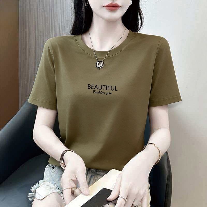 เสื้อยืดแขนสั้นคอกลมทรงคุณแม่ ดีไซน์เรียบหรู พิมพ์ลายตัวอักษรสีพื้น เสื้อลำลองสำหรับผู้หญิง สไตล์ใหม่รับซัมเมอร์ ช่วยให้