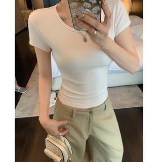 Bella Shop เสื้อยืดสั้นแขนสั้น คอปกหลังโบว์ ยืดได้ กระชับรูปร่าง สวยแซ่บ สไตล์มินิมอล