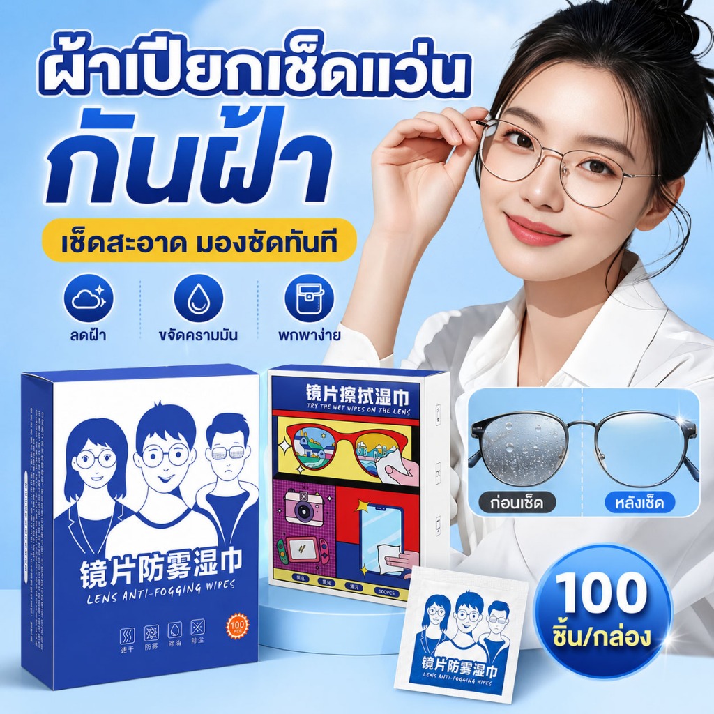 แผ่นเช็ดแว่นตา กันฝ้า 100 แผ่น / กล่อง กระดาษเช็ดแว่น แห้งไว ไม่ทิ้งรอยขีดข่วน แยกซอง พกพาสะดวก